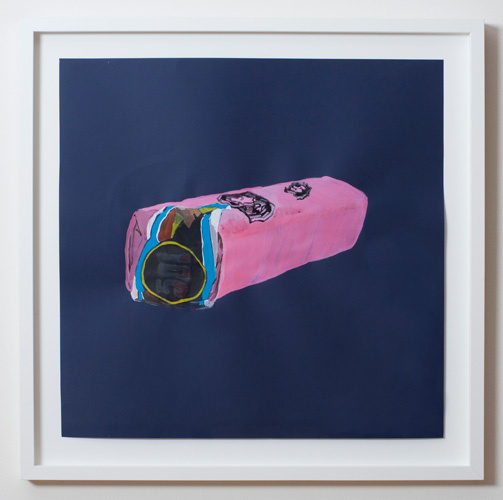 A pink rectangular object set an an angle against a dark blue background. The object resembles a package that has been ripped opened on one end. A yellow circle draws the eye the darkened space of the opening offering a faint view the contents.