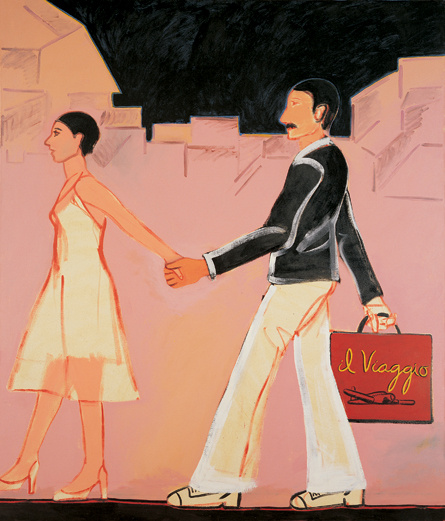 A painting of a couple walking together, holding hands, against a pink cityscape with a black sky. The woman walks ahead, looking excited. The man follows, holding a large department store shopping bag.