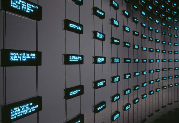 Small rectangular boxes glow with text messages. They become smaller from left to right. The boxes at the far right have smaller text that is undecipherable. As the boxes get closer to the left, the text enlarges and is easier to read.