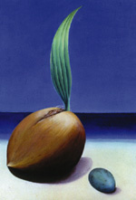 A realistic painting of an oversized coffee bean and leaf growing from the rear. A tiny blue pebble is in front of the bean. The ground is tan and the background is a deep blue.