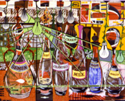 A colorful sketch with 6 bottles of varying drinks lined up under a green light and surrounded by a number of white lights in the background. Light from the green bulb is drawn as if it is webs extending across the painting.
