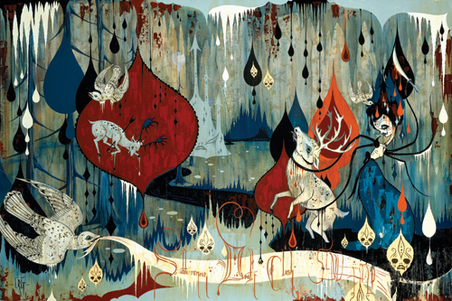 Various colored paint drops create a snowy mountain-scape. Inside a large red drop is a deer shot with an arrow while a white bird flys above it. Another deer is tied with rope and stands on its hind legs. Holding the rope is a person or spider.