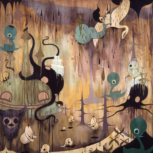 A destructed forest, comprised of various brown and lavender hues. An octopus lays on top of an alien creature. Ducks and sheep float aimlessly. An octopus is in the background. Trees without leaves and headless creatures chase their heads.