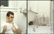 Two photos side-by-side. Both are in a bathroom. In the left photo a man holds a cup and a gold hose close to his chest and leans against the wall near a window. In the right photo, tiny silver-clad figures climb onto the sink and bath tub.