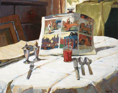 A painting of a dining table covered with a table cloth, set with utensils and a tomato juice. In front of the juice is a newspaper opened to the comics featuring dogs. In the background a yellow cloth is draped. It appears to be outdoors.