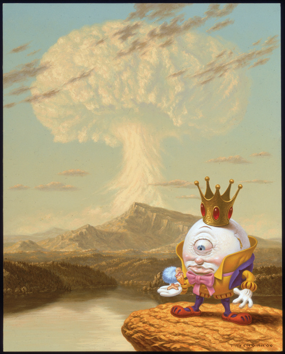 Cycloptic anthropomorphic cracked egg, dripping gold, dressed as a king, holding a dodo bird on a cliff over a lake with a mushroom cloud in the background. Humpty Dumpty finally makes it to the top of the mountain and is about to get radiation poisoning.
