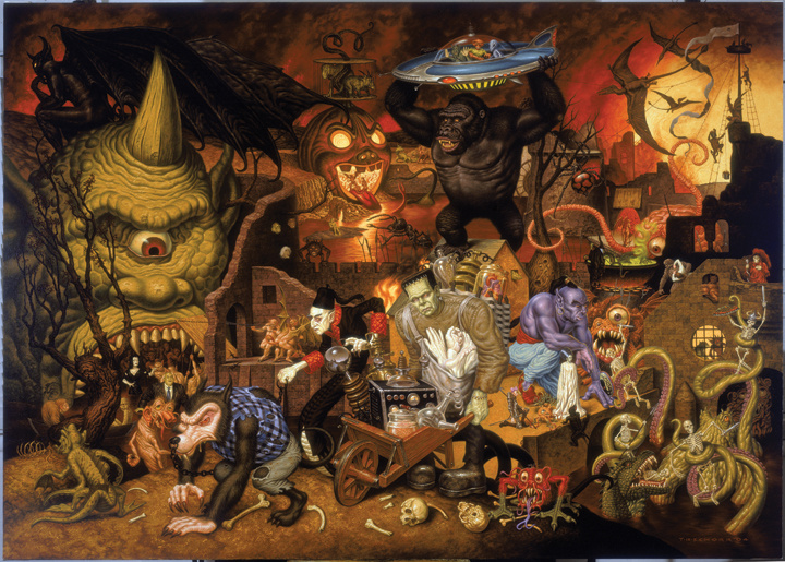 Dantesque scene of modern fairy tale villains and monsters being their best selves. There are dragons, Frankenstein, Nosferatu, King Kong, and a variety of other creatures in a hellish landscape.