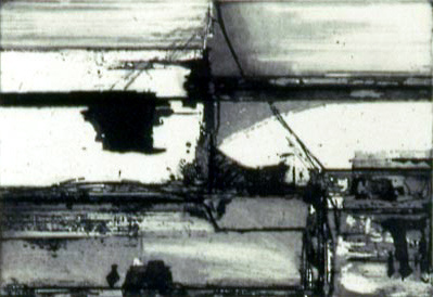 A black and white abstract work of art. White stripes are stained with black splashes—it is unclear if this is an intentionally blurred photograph or a painting.