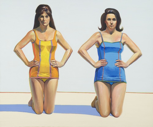 A painting of two women posed upright on their knees with their hands resting on their hips. One is wearing a yellow and orange one piece swimsuit, contrasting with the other woman's blue one piece. The women's facial expressions are stern.