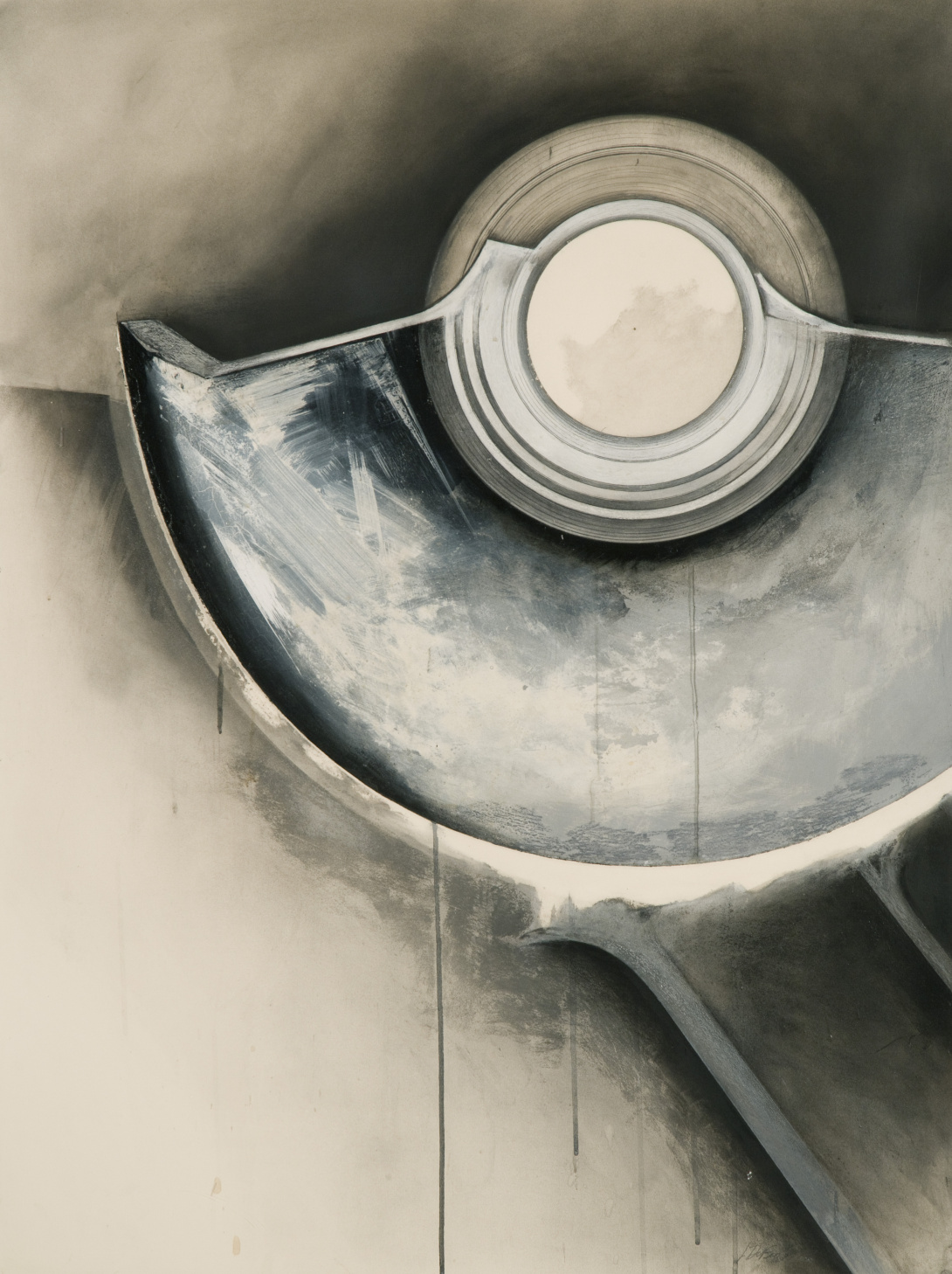 A painting in muted white and grey tones of what appears to be a broken rotary cutter. A handle emerges from 5 o'clock, attached to a half circle with a full circle at the center.